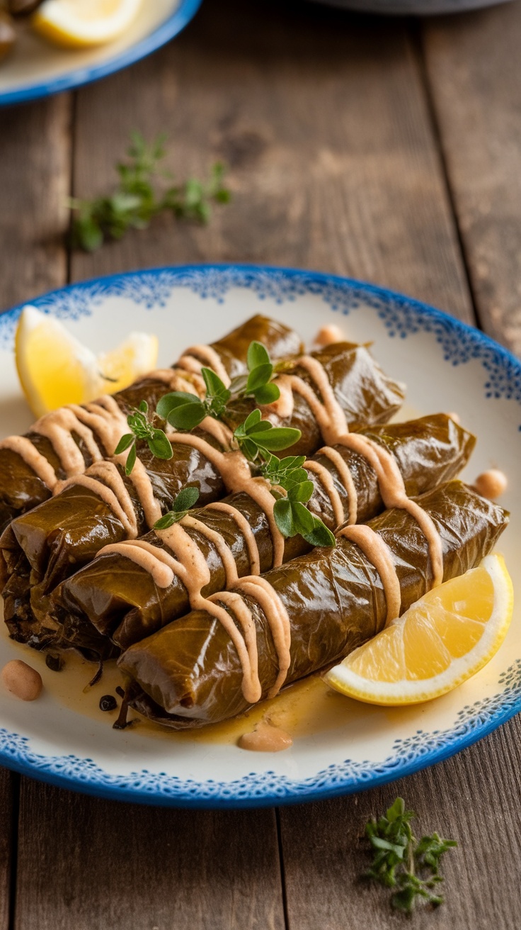 Plate of stuffed grape leaves (dolmades) with lemon slices and a tangy sauce