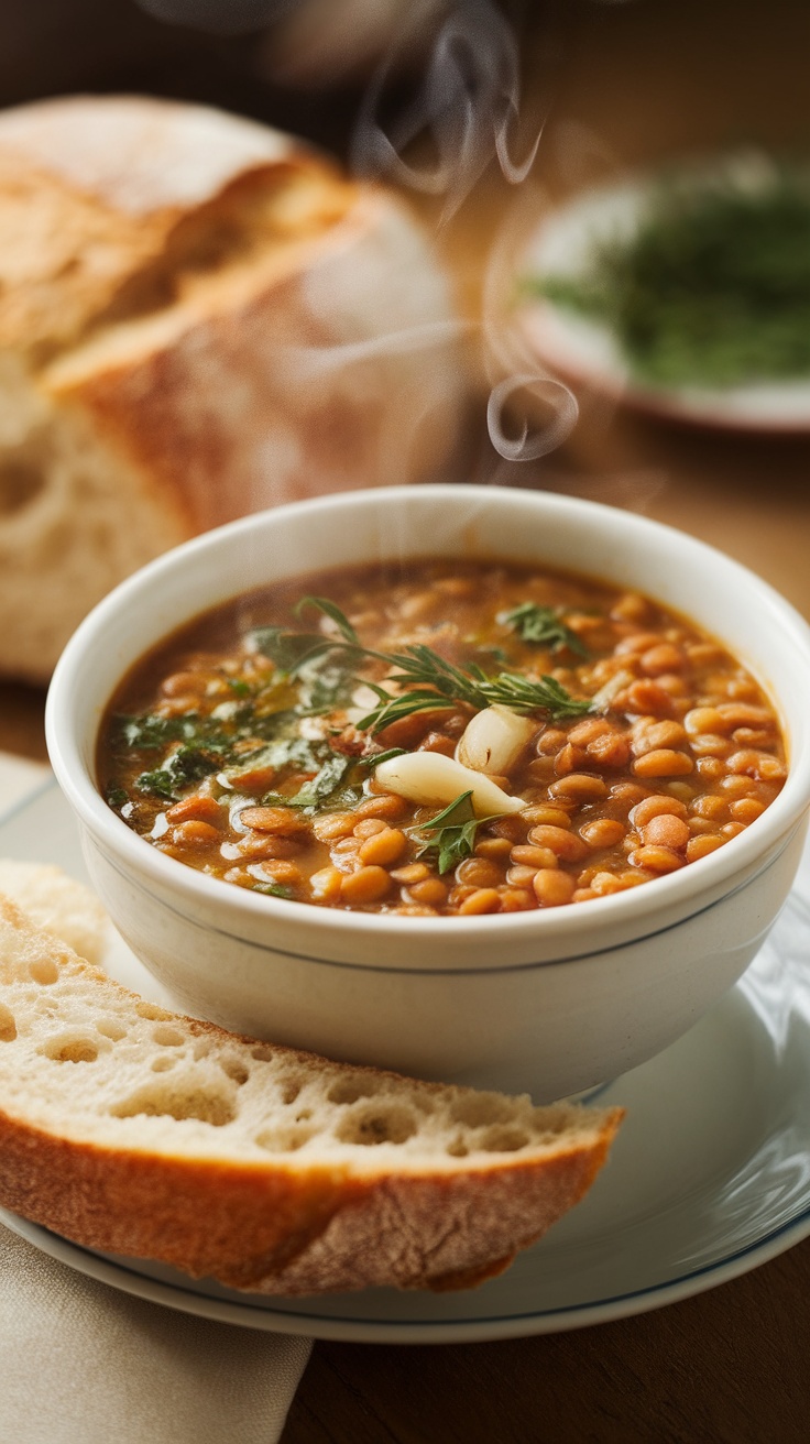 A bowl of steaming lentil soup topped with garlic and herbs, served with a slice of bread.