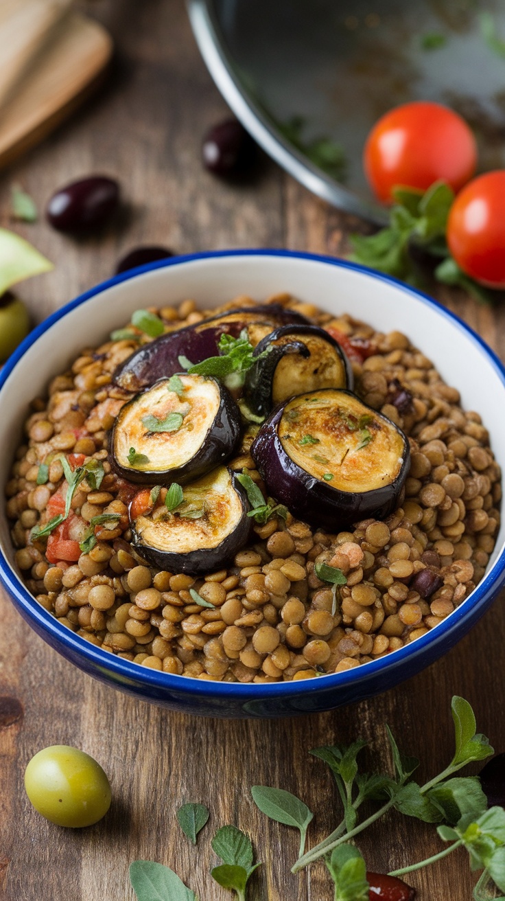 Bowl of warm Greek-style lentils topped with roasted eggplant and zucchini