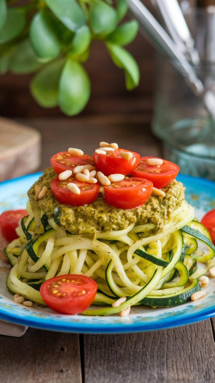 A plate of zucchini noodles topped with basil pesto and cherry tomatoes, garnished with pine nuts.